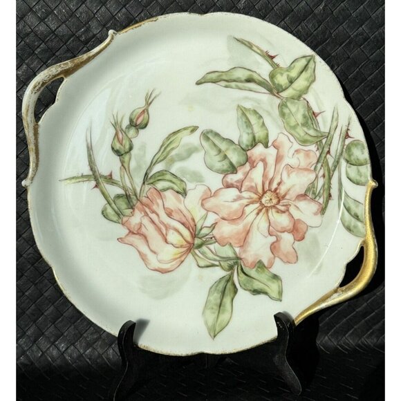 Jean Pouyat Limoges Cake Plate Thorny Roses 10 1/2” Antique c1891-1932 Cutouts - Picture 11 of 14